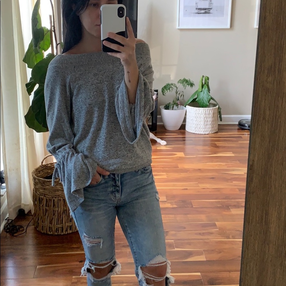Grey off the shoulder sweater with bell sleeves